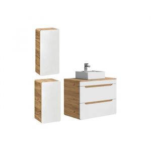 Meuble de salle de bain suspendu avec vasque à poser et deux colonnes - Coloris naturel et blanc - 80 cm - aruba