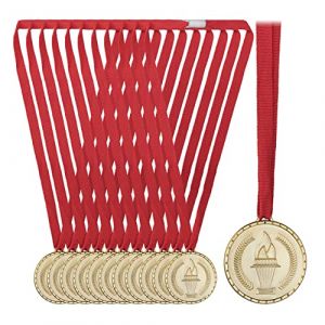 Relaxdays Lot de 12 médailles d’Or pour Enfants, Ruban, Torche, récompense pour Remise de Prix, 5 cm Ø, Plastique, doré