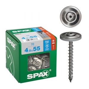 Spax 4587000450556 Lot de 70 vis étanches 4,5 x 55 mm, filetage complet, tête fraisée bombée, T-STAR plus T20, 4CUT, en acier inoxydable A2, disque d'étanchéité 15 mm