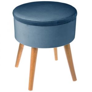Atmosphera Grand Tabouret pouf coffre de rangement ROND - BLEU aspect velours Bleu
