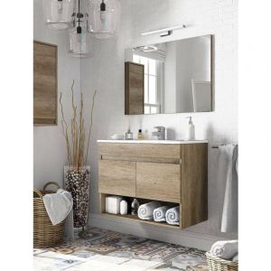 Dmora - Meuble de comptoir Dmele, meuble de salle de bain 2 portes, Armoire suspendue avec &eacute;tag&egrave;re et miroir, &eacute;vier non inclus, 80x45h64 cm, Ch&ecirc;ne
