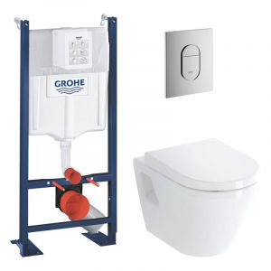 Grohe Pack WC Bâti autoportant Rapid SL + WC suspendu Vitra Integra + Abattant en Duroplast + Plaque chrome (ProjectIntegraClassic-8)