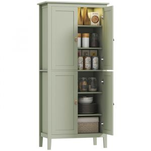 Homcom Armoire de cuisine led - 4 portes, 6 niveaux - poignée bouton doré effet cuir mdf vert de gris
