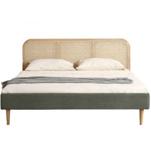 Lit adulte 180x200 cm en velours côtelé vert, tête de lit en cannage