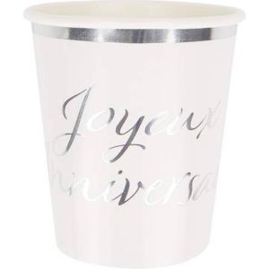 Ruedelafete Sachet de 8 Gobelets Joyeux Anniversaire, blanc et argent
