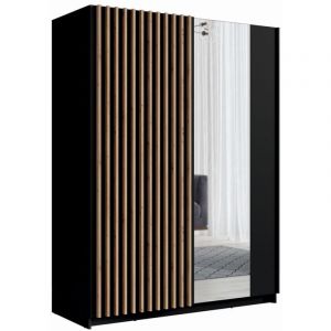 Meublorama - Armoire 2 portes coulissantes avec miroir 200 cm - noir et chêne - Collection strano
