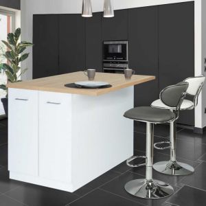 Idmarket Ilot central IVO 120 cm blanc avec plan de travail façon hêtre