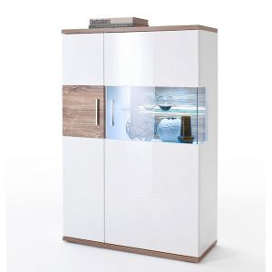 Pegane Vaisselier gauche coloris blanc brillant et chêne sterling - Longueur 90 x Hauteur 135 x Profondeur 37 cm