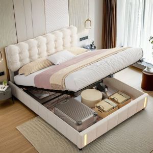 Lit coffre - Lit double avec coffre de rangement beige avec sommier 140x200 cm - Panneaux de particules - Lumineuse LED - Velours