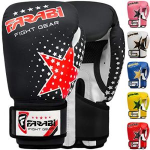 Gants de Boxe Star Enfant Garçons et Filles 5 à 10 Ans - Farabi Sports - Muay Thai Kick Boxing - Noir - 6 OZ