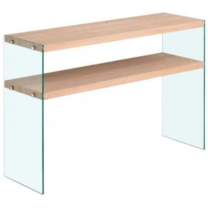Console L. 110 cm en verre tremp&eacute; et &eacute;tag&egrave;res effet ch&ecirc;ne clair - ICE