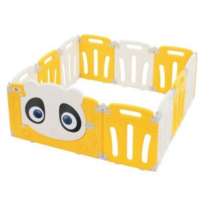 Joyz - Parc Bébé Modulable, 120×120 cm, Design Panda, Blanc-Jaune, Pliable, Barrière de Sécurité avec Porte et Horloge Éducative, en Plastique,
