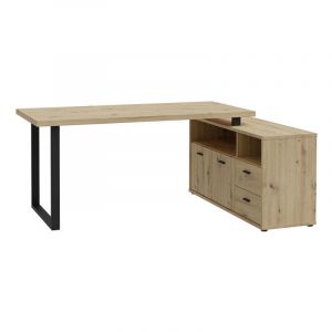 Bureau d'angle 181 cm d&eacute;cor ch&ecirc;ne rustique et rangements - MANOLO