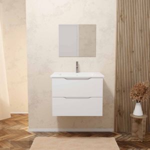 Aurlane Meuble salle de bain 60cm suspendu 2 tiroirs blanc laque poignees integrees vasque et miroir - mila