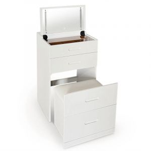 Menzzo Coiffeuse compacte 48cm avec miroir led, tiroir et pouf intégré Germina Blanc