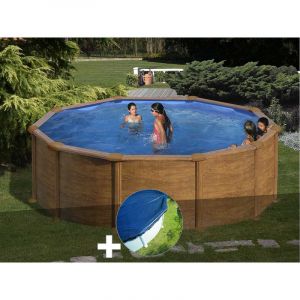 Gre Kit piscine acier aspect bois Mauritius ronde 3,70 x 1,32 m + Bâche hiver