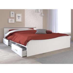 Lit avec rangements 140 x 190 cm - 2 tiroirs et 1 niche - Coloris : Blanc + Sommier - PABLO