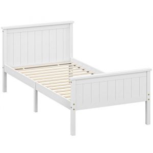 Homcom Cadre de lit - 100 x 210 cm - simple - sommier à lattes tête et pied inclus - assemblage facile - en bois massif - blanc