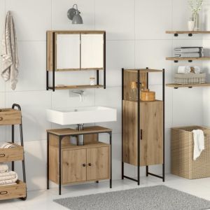 Ensemble de meubles de salle de bain - 3 pi&egrave;ces - Ch&ecirc;ne artisanal - Bois ding&eacute;nierie - Contemporain