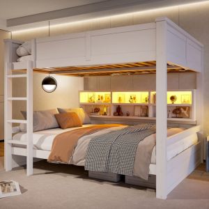 Lit superpos&eacute; 160x200cm - Avec placards de rangement - Avec LED - Avec barri&egrave;res et escaliers - Blanc (matelas non inclus)