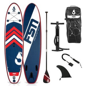 Image de Fusion Paddle gonflable AMBITION 10'4 - 317x76x15 cm - Stand up paddle avec pagaie, leash, pompe, anneaux de kayak et sac de transport - Bleu