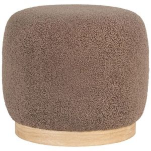 ZURVAN - Pouf en Tissu Boucl&eacute; Marron Socle Bois MDF