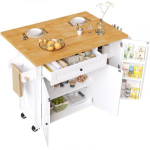 &Icirc;lot central de cuisine mobile - Plateau extensible - 140x73x9cm - 1 tiroir et 3 portes - &eacute;tag&egrave;res ouvertes - avec porte-serviettes - MDF - Blanc