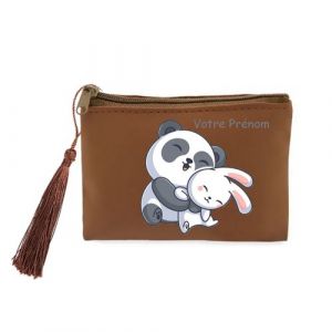 Porte monnaie et porte cles marron Taperso avec motif panda et lapin personnalisable