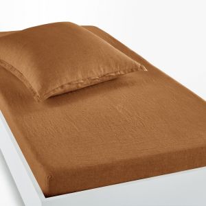 Image de Drap housse en lin lavé pour matelas épais, Linot Caramel Taille 90x190 cm