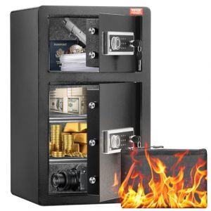 VEVOR Coffre-fort à Double Porte 127 L, Déverrouillé par Clé et Mot de Passe, avec Sac Ignifuge, Porte-Clés, Lumière LED et 2 Séparateurs Réglables en Hauteur et Amovibles, pour Argent, Bijoux, Noir