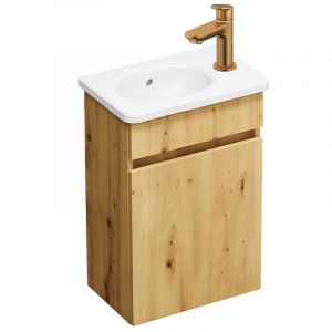 Pack meuble suspendu lave-mains Joline ch&ecirc;ne + Robinet lave-mains eau froide Duravit Wave bronze bross&eacute;