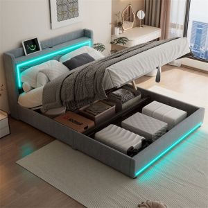 Lit coffre capitonné avec LED, sommier à lattes et tête de lit avec port USB, lin, gris 160x200cm