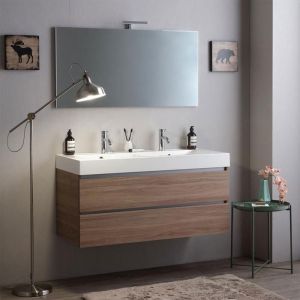 Kiamami Valentina Meuble 120Cm Tiroirs Chêne Naturel, Double Lavabo Et Miroir 120X60 Vittoria