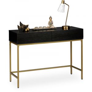 Image de Relaxdays Table de console, 2 tiroirs, meuble d'appoint aspect bois, salon, couloir, HLP 80x110x40 cm, noir/doré