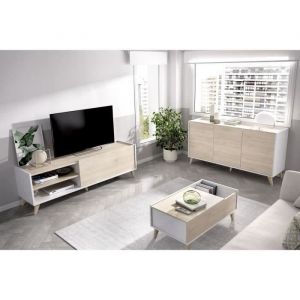 Tbs Ensemble meuble TV table basse buffet NESS - Mélaminé - Style scandinave - Chêne et blanc