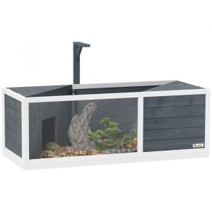 Pawhut Maison Enclos Pour Tortues - 2 Niches Et Enclos - 2 Toits Ouvrants - Bois Blanc Gris