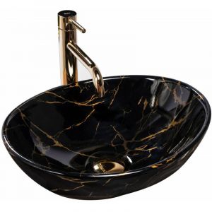 Réa LAVABO SOFIA MARBLE BLACK SHINY VASQUE A POSER EN CERAMIQUE OVALE MARQUE