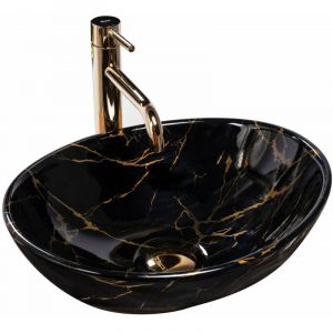 Image de Réa LAVABO SOFIA MARBLE BLACK SHINY VASQUE A POSER EN CERAMIQUE OVALE MARQUE