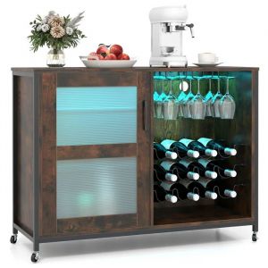 Meuble Bar &agrave; Vin COSTWAY avec Lumi&egrave;res LED, &Eacute;tag&egrave;res Ajustables, Supports &agrave; Verres et Bouteilles, Buffet de Cuisine sur Roulettes