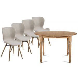 Hellin Table ronde extensible pieds tournés D105 + 4 chaises tissu - VICTORIA - Amande