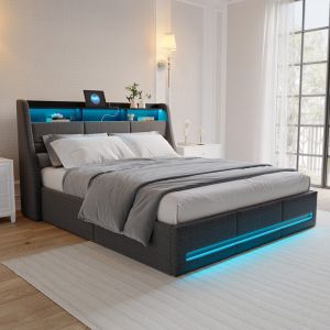 Lit coffre 160 x 200 cm avec sommier,lit 2 personnes avec LED et USB,lit hydraulique avec rangement,lit 160x200 avec sommier à lattes bois,lit double