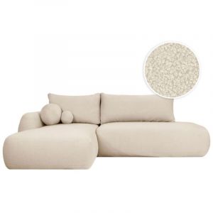Loungitude Canap&eacute; d'angle convertible FABIO 5 places en tissu bouclette - Angle Gauche - Blanc cass&eacute;