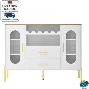 Buffet 2 portes 140 cm - Avec panneau en verre et casier &agrave; vin - contemporain - Avec d&eacute;coration en or - Blanc