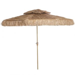Outsunny Parasol droit style Hawa&iuml;en - parasol &agrave; franges raphia diam&egrave;tre 294 cm - manivelle m&eacute;tal marron clair