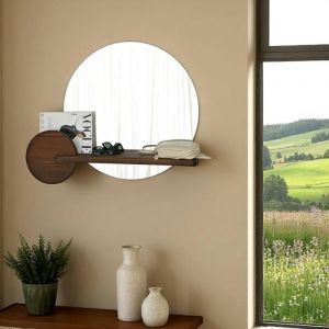 Pier Import - Miroir d'entrée rond avec étagère en bois brun hilo