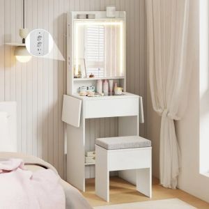 Ensemble Coiffeuse et Tabouret COSTWAY Miroir, Lumi&egrave;res R&eacute;glable, Plateau en Verre, Station de Charge, Panneaux Rabattables, Tiroir