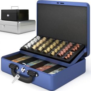ACROPAQ Caisse monnaie Professionnelle 30x25x9cm- Coffret Monnaie Acier- Monnayeur, 2 clés, Compartiments à monnaie- Poignée Robuste