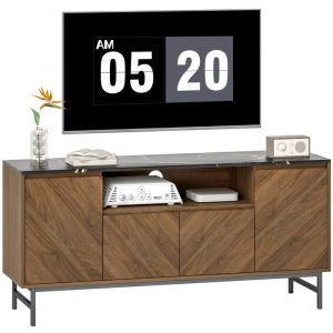 Homcom Meuble TV - jusqu'&agrave; 65 pouces - compartiment ouvert, portes, &eacute;tag&egrave;res et passe-c&acirc;bles - effet marbre - 140x39x66cm - noyer