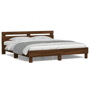 VidaXL Cadre de Lit avec Tête de Lit et LED, Lit Double avec Sommier à Lattes, Lit Adulte de Chambre, Chêne Marron 180x200 cm Bois d'Ingénierie