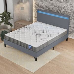 Ensemble 160x200cm-Matelas ressorts ensachés + Lit avec Tête de lit LED et sommier à lattes, Matelas 20cm d’épaisseur